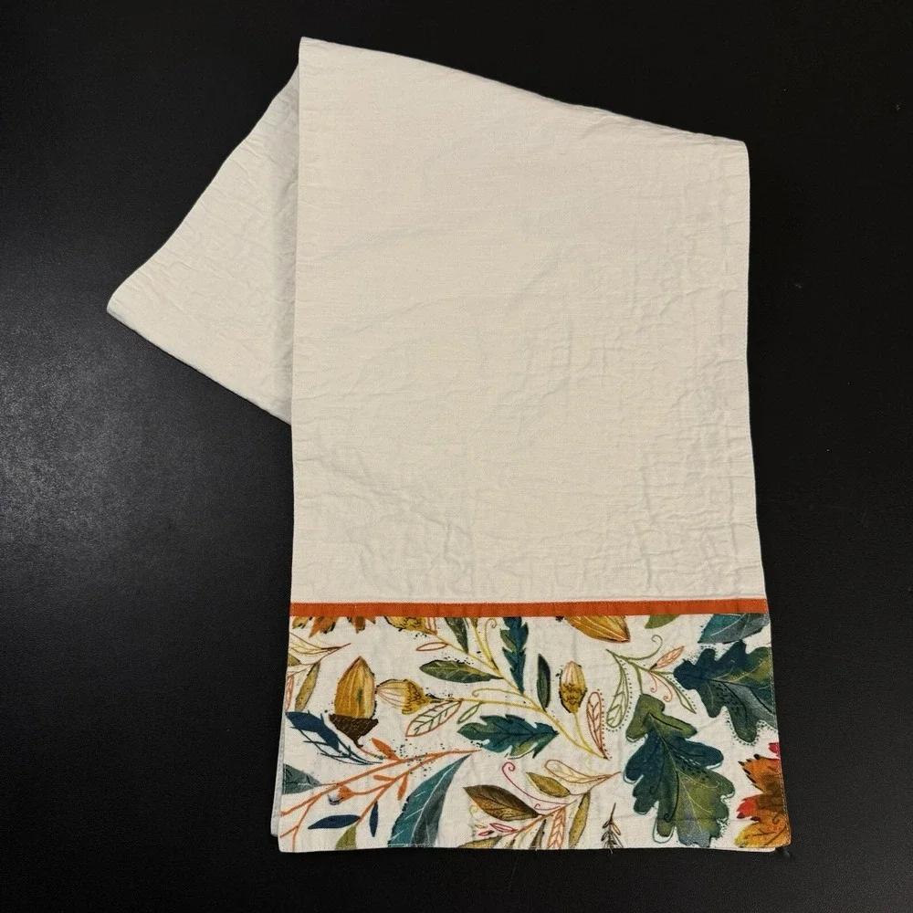 At Home Fall Botanical Oak Leaf Acorn Cotton Table Runner Cream Orange Green
